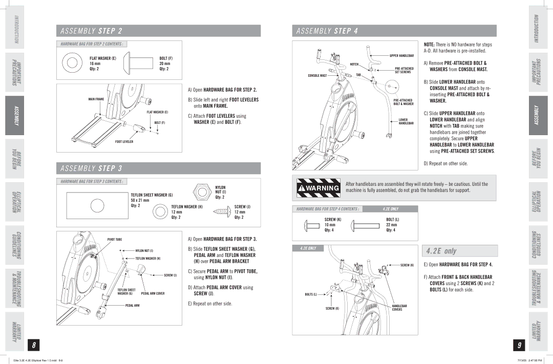 Horizon Fitness 3.2E, 4.2E manual Open Hardware BAG for Step, Washer 