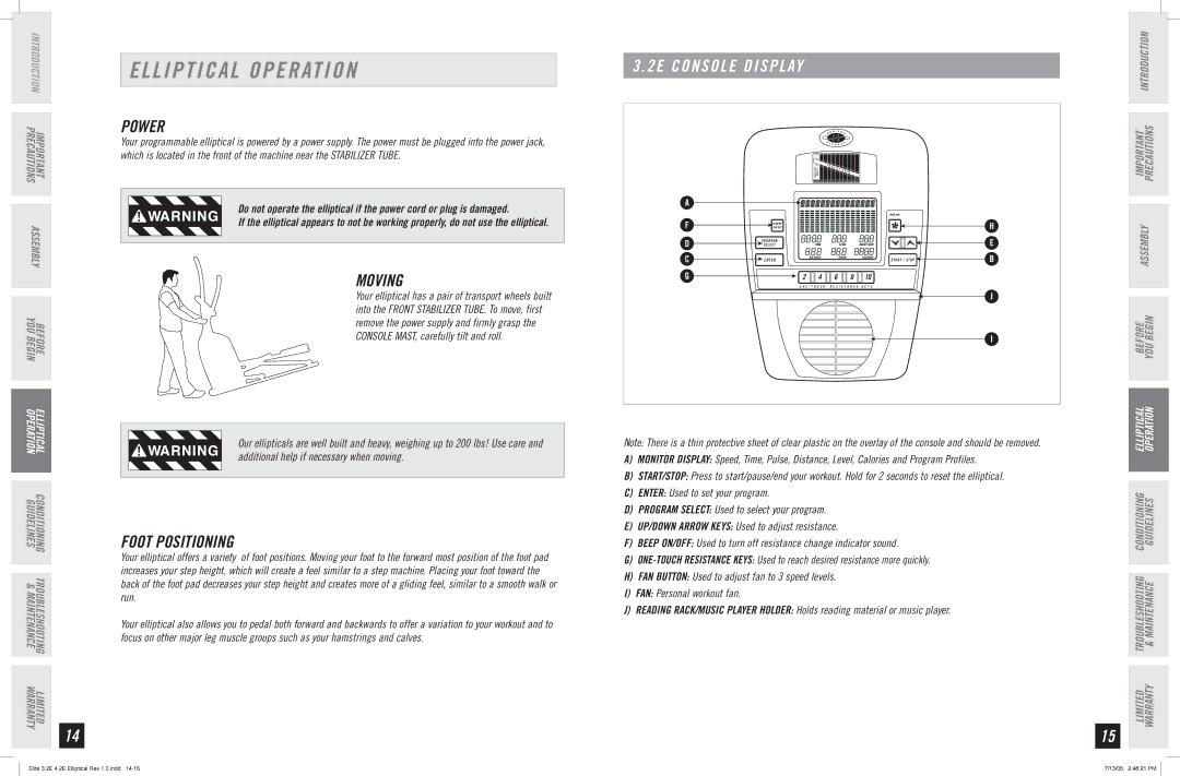 Horizon Fitness 4.2E, 3.2E manual Elliptical Operation, Power, Moving, Foot Positioning 