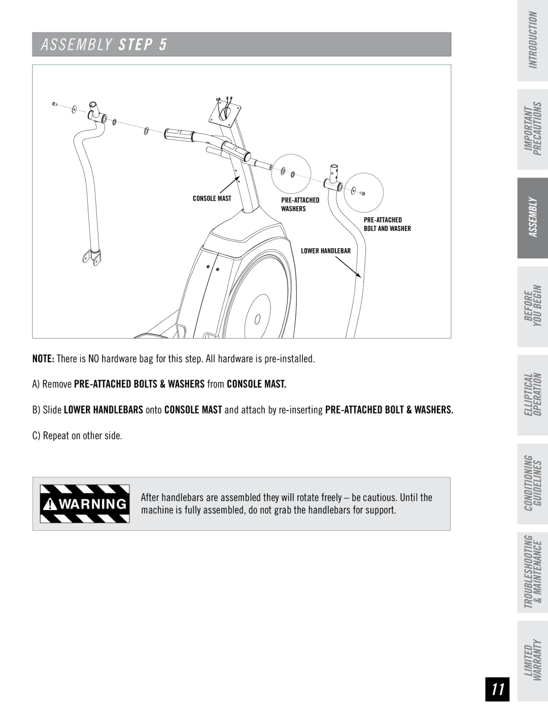 Horizon Fitness 2.3E, 4.3E, 3.3E manual Remove PRE-ATTACHED Bolts & Washers from Console Mast 