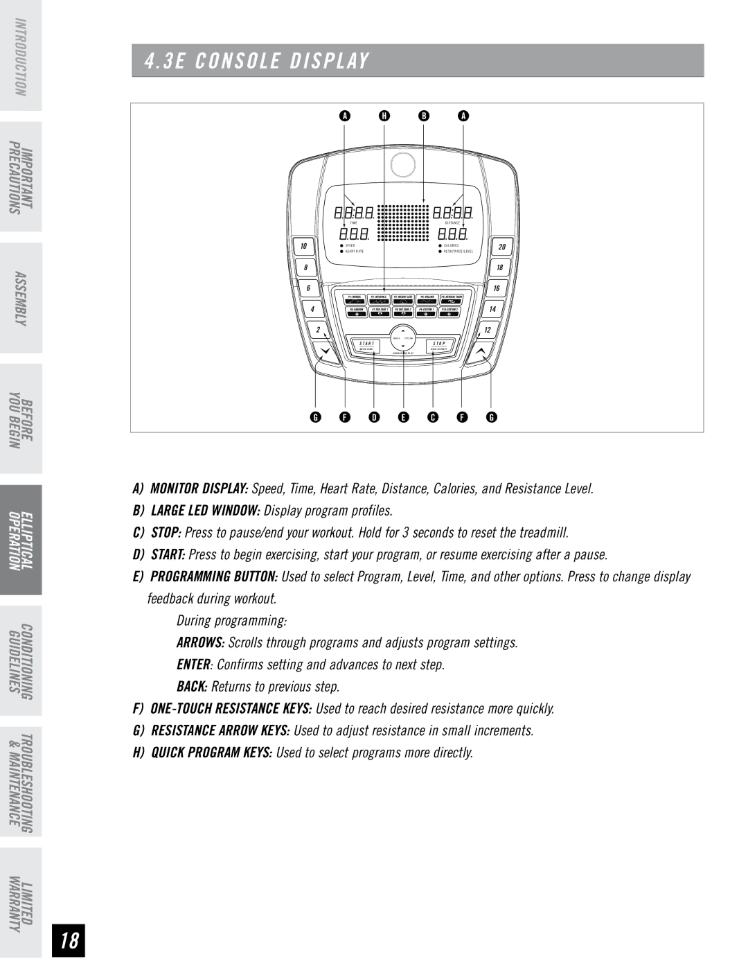 Horizon Fitness 4.3E, 3.3E, 2.3E manual 3E Console Display 