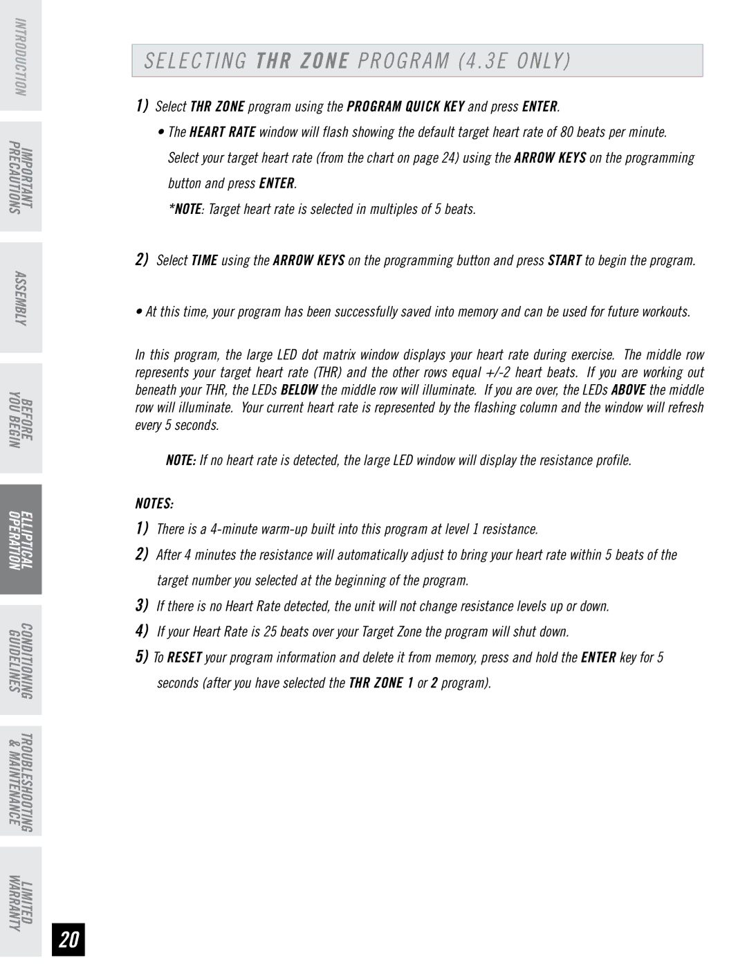 Horizon Fitness 2.3E, 4.3E, 3.3E manual Selecting THR Zone Program 4 E only 