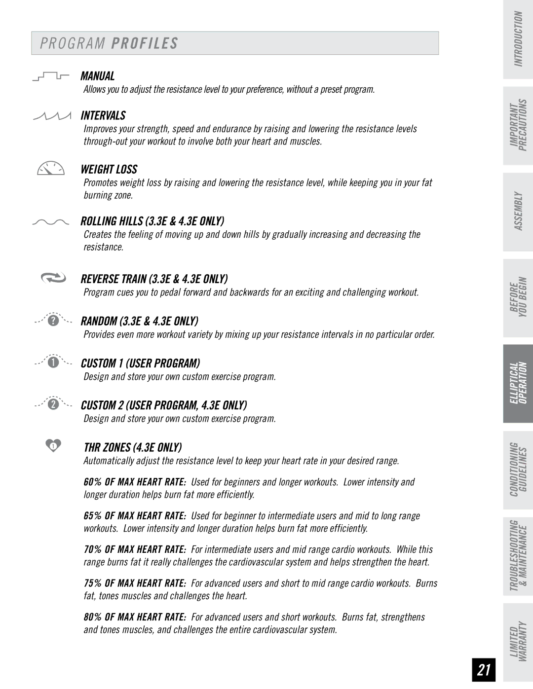 Horizon Fitness 4.3E, 3.3E, 2.3E manual Intervals, Weight Loss 