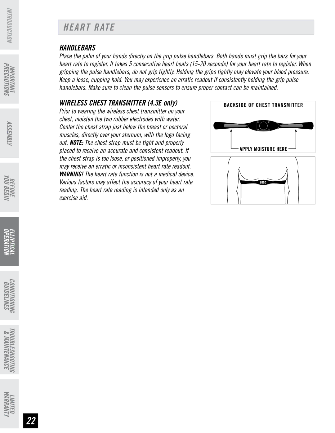 Horizon Fitness 3.3E, 4.3E, 2.3E manual Heart Rate, Handlebars 