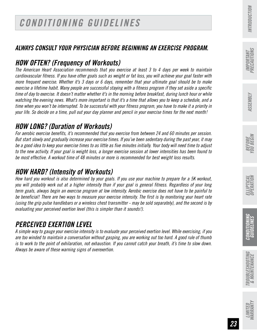 Horizon Fitness 2.3E, 4.3E, 3.3E manual Conditioning Guidelines, HOW OFTEN? Frequency of Workouts 