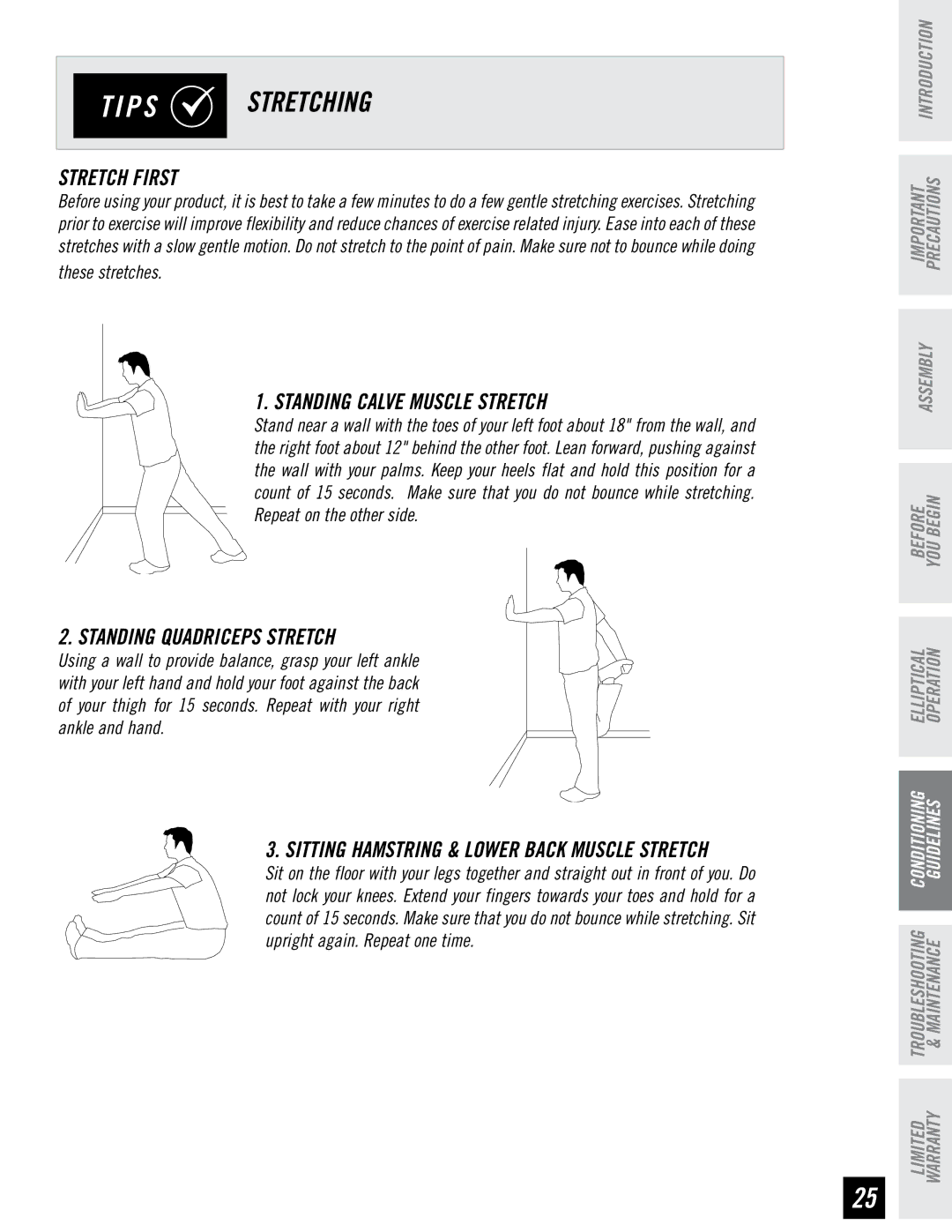 Horizon Fitness 3.3E, 4.3E, 2.3E manual Stretch First, Standing Calve Muscle Stretch, Standing Quadriceps Stretch 