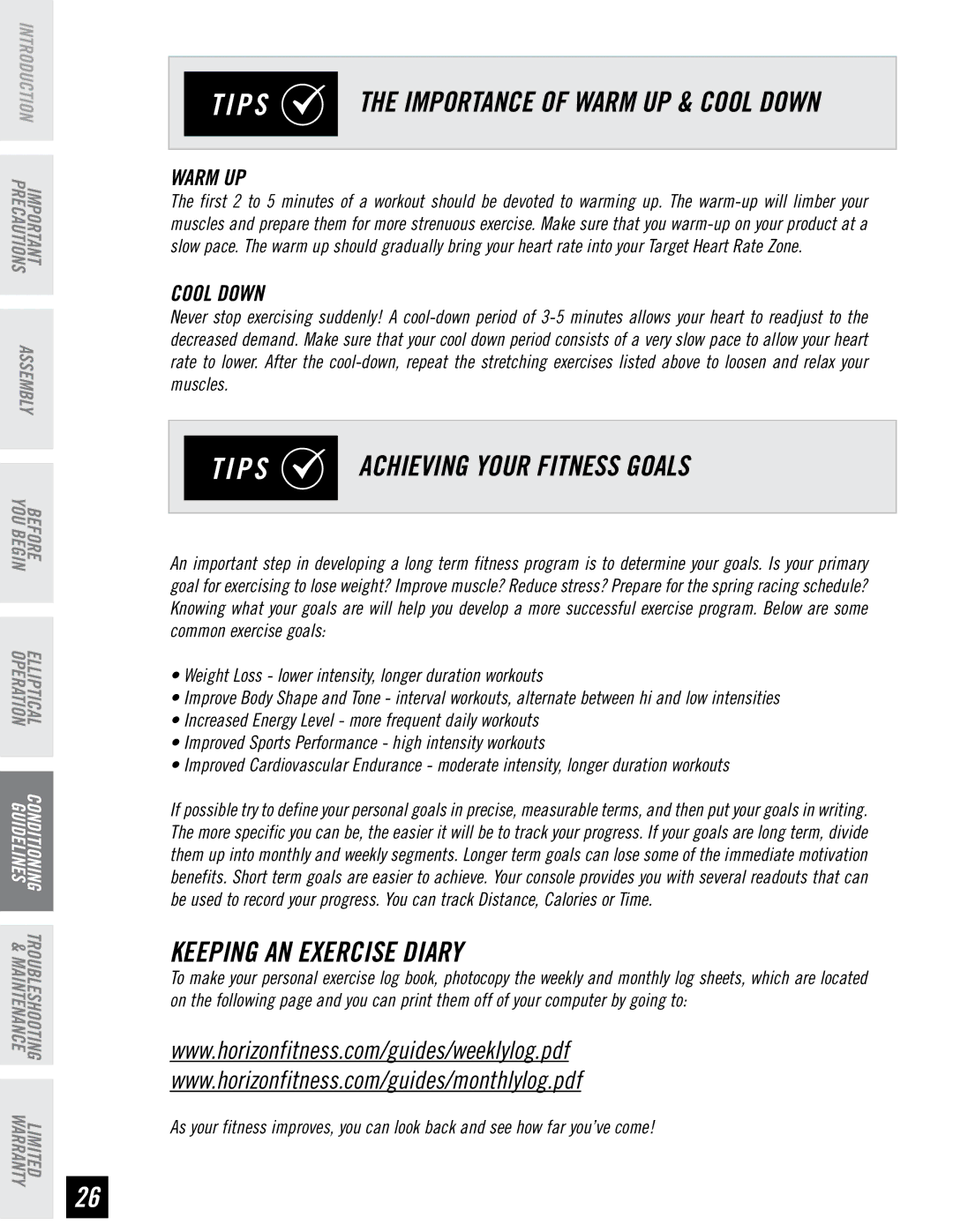 Horizon Fitness 2.3E, 4.3E, 3.3E manual Importance of Warm UP & Cool Down 