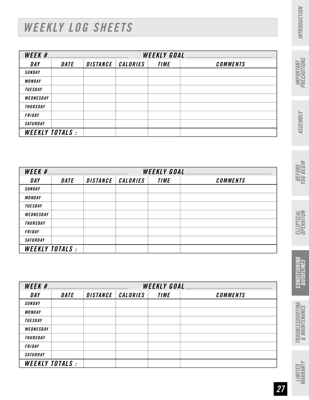 Horizon Fitness 4.3E, 3.3E, 2.3E manual Weekly LOG Sheets,  5 0 5 4   