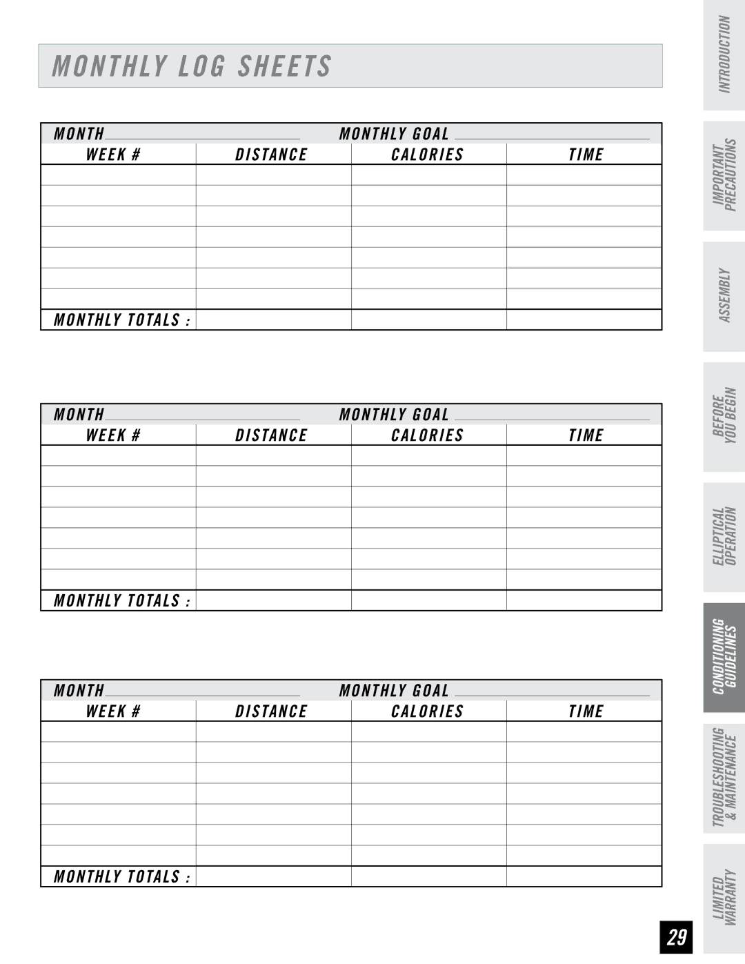 Horizon Fitness 2.3E, 4.3E, 3.3E manual Monthly LOG Sheets,   5 / $ $ 0 3  5 0 5 4   