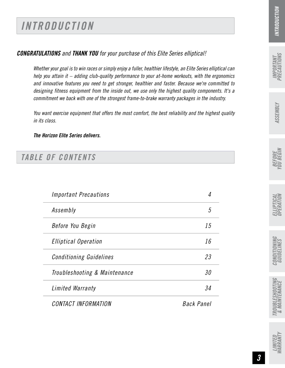 Horizon Fitness 4.3E, 3.3E, 2.3E manual T R O D U C T I O N, Table of Contents 