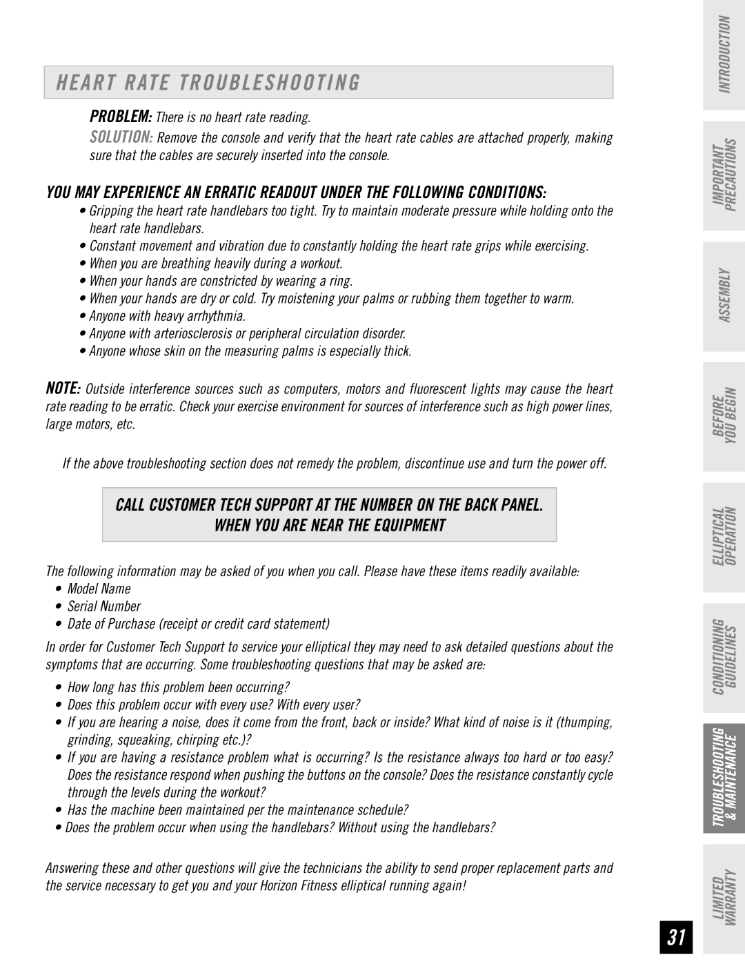 Horizon Fitness 3.3E, 4.3E, 2.3E manual Heart Rate Troubleshooting, When YOU are Near the Equipment 