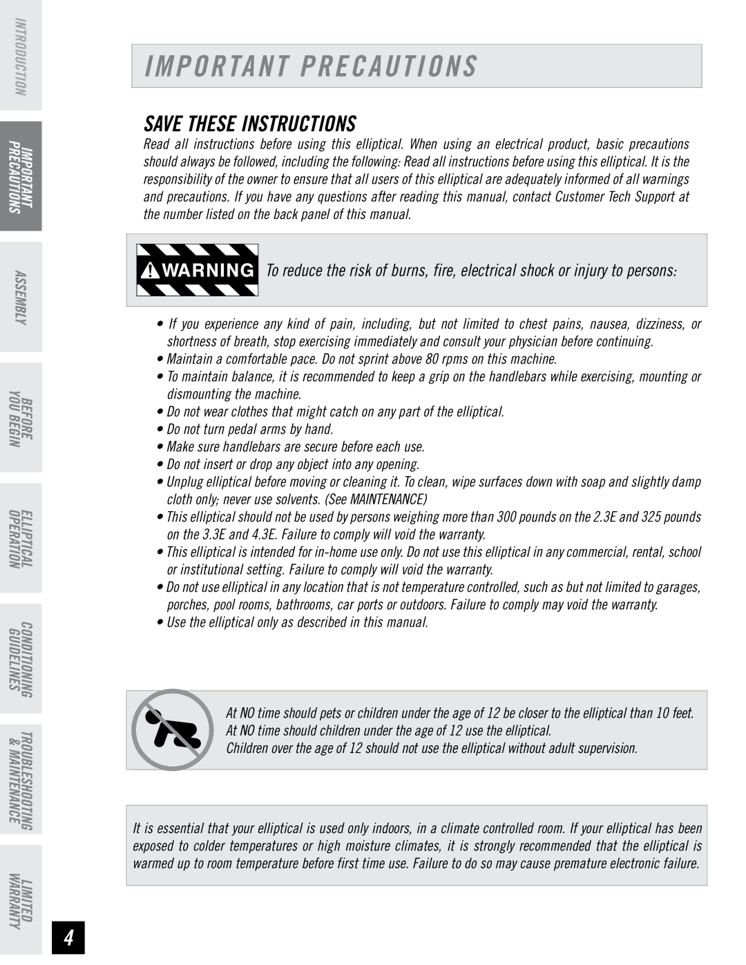 Horizon Fitness 3.3E, 4.3E, 2.3E Important Precautions, Use the elliptical only as described in this manual 