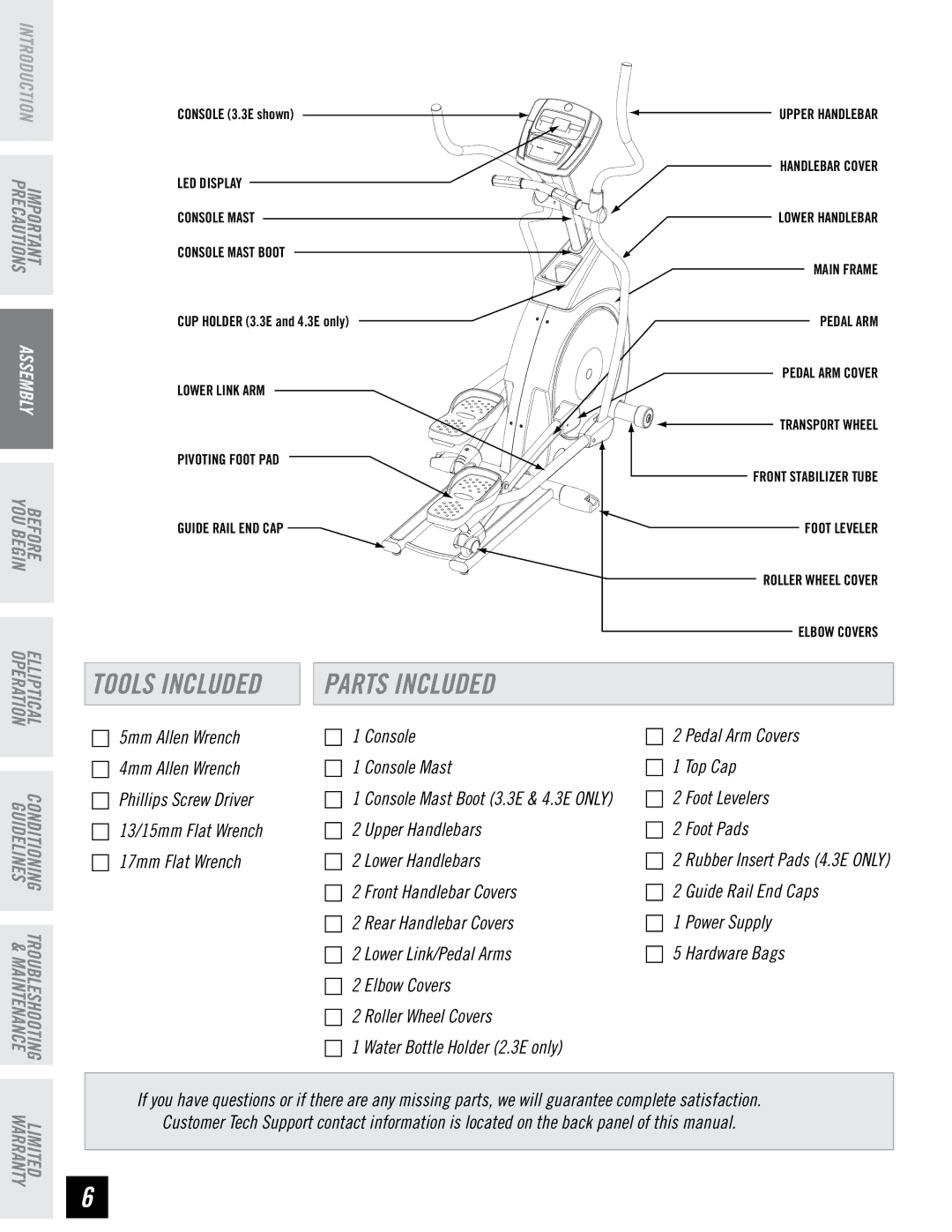 Horizon Fitness 4.3E, 3.3E, 2.3E manual Parts Included 