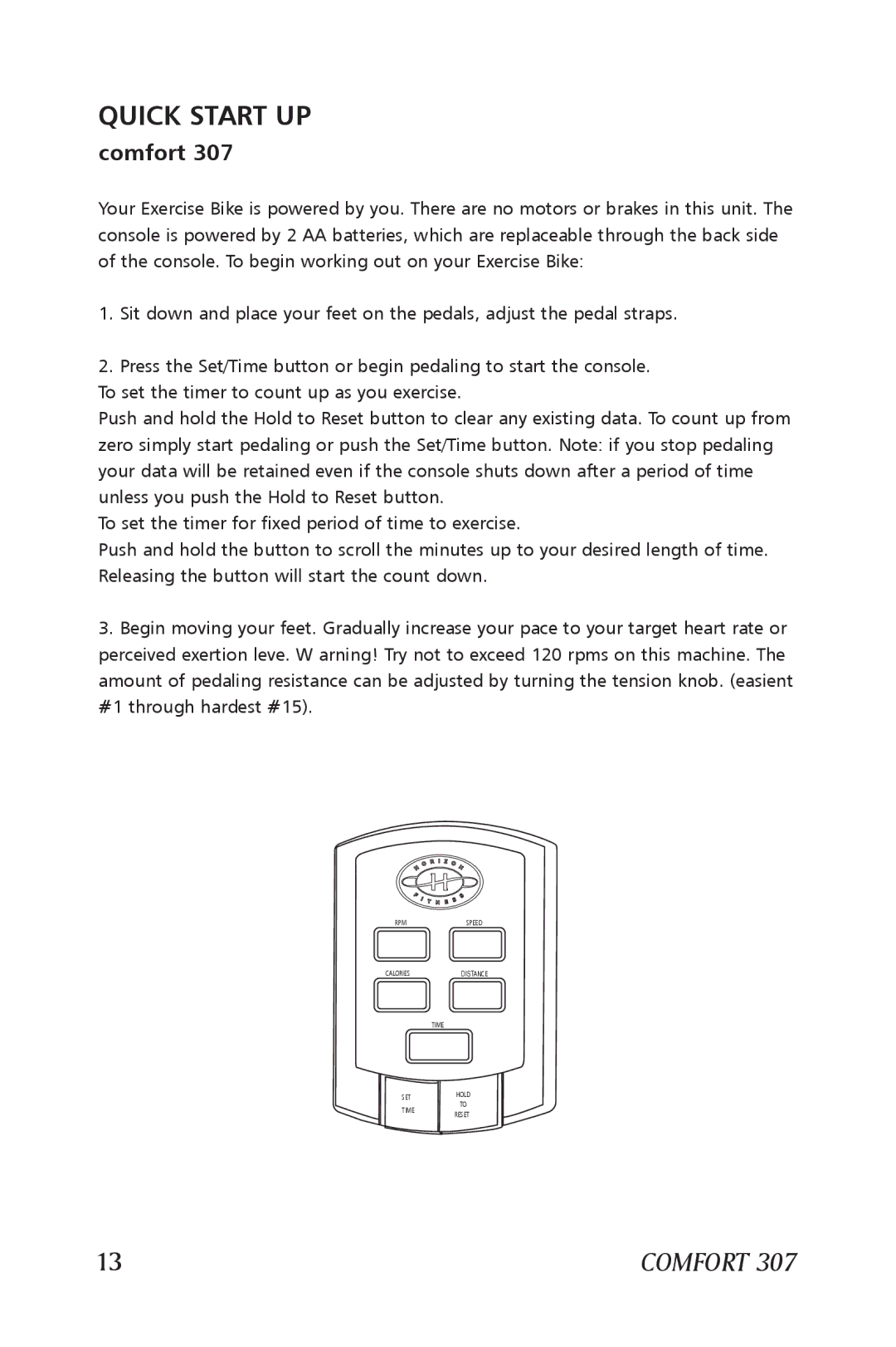 Horizon Fitness 407, 507, 307, 207 manual Rpmspeed Caloriesdistance Time SET 