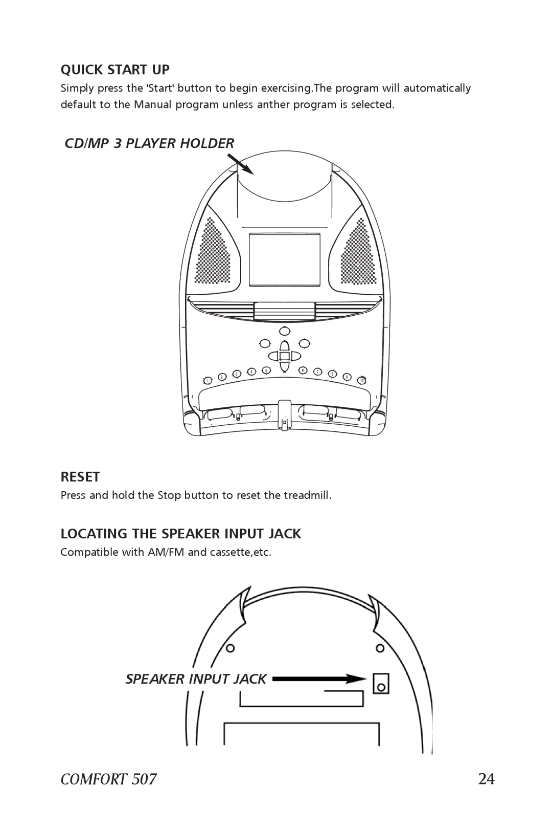 Horizon Fitness 307, 507, 407, 207 manual Quick Start UP, Locating the Speaker Input Jack 