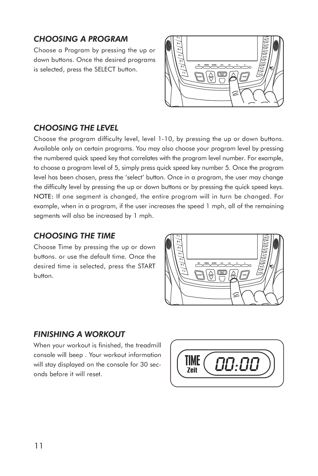 Horizon Fitness 5.1T manual Choosing a Program, Choosing the Level, Choosing the Time, Finishing a Workout 