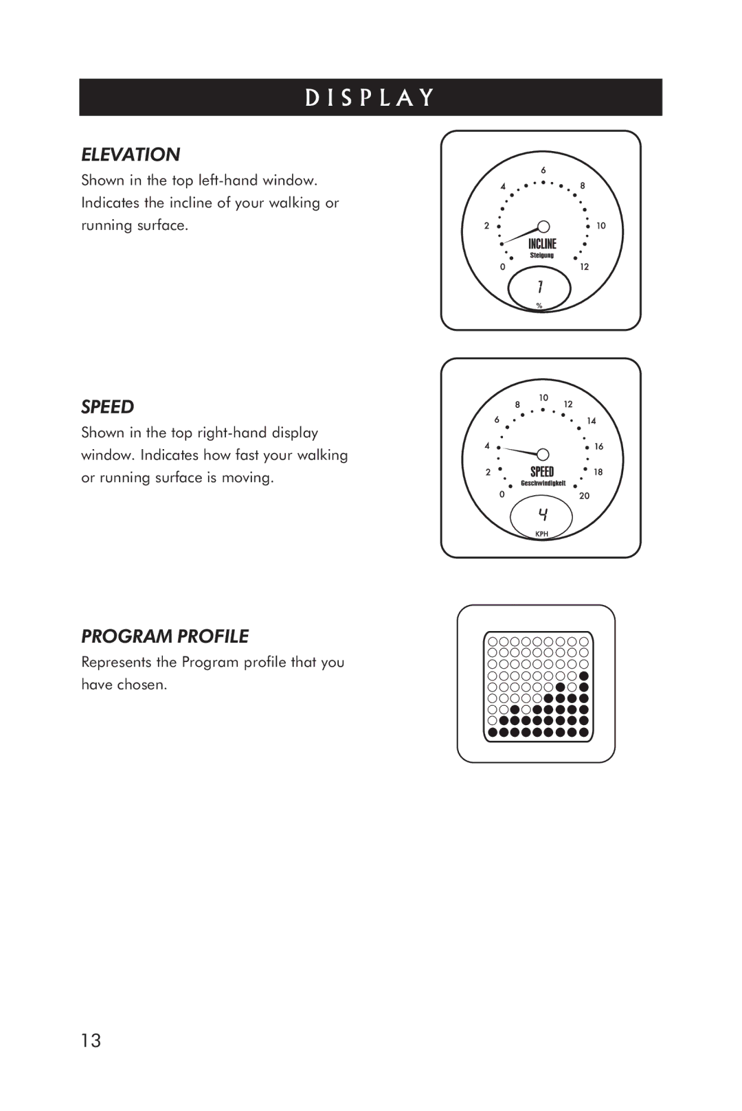 Horizon Fitness 5.1T manual Elevation, Speed, Program Profile 