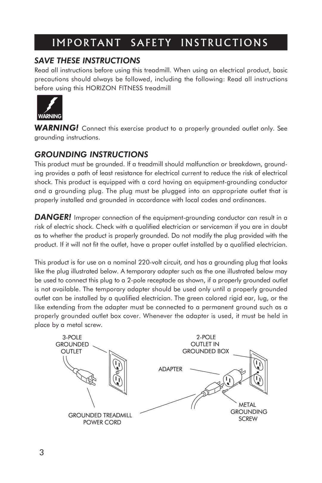 Horizon Fitness 5.1T manual Important Safety Instructions, Grounding Instructions 