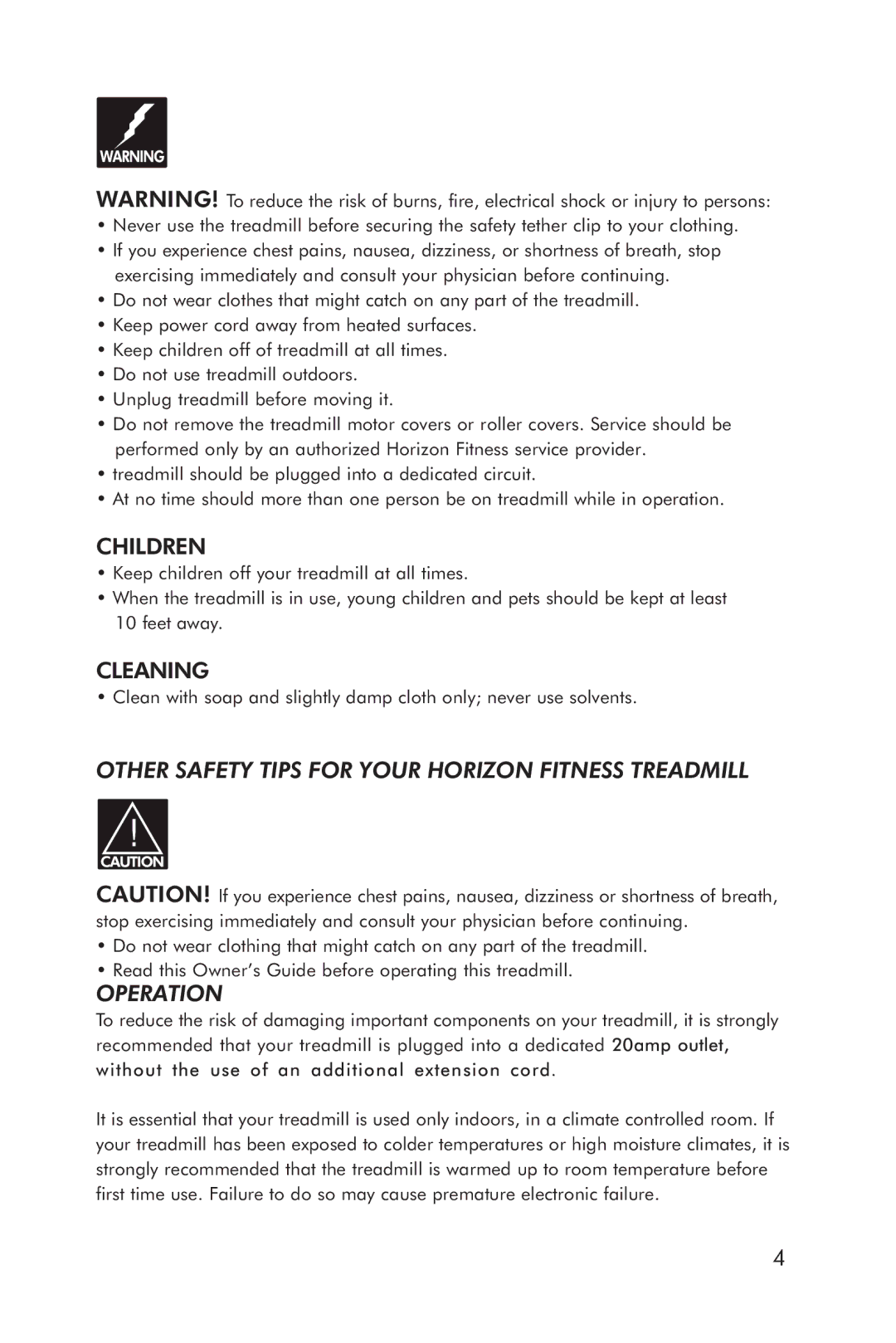 Horizon Fitness 5.1T manual Children, Cleaning, Other Safety Tips for Your Horizon Fitness Treadmill, Operation 