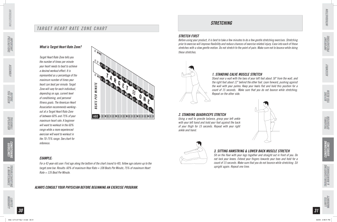 Horizon Fitness 2.2T, 5.2T, 3.2T, 4.2T, 1.2T manual Target Heart Rate Zone Chart, Stretching 