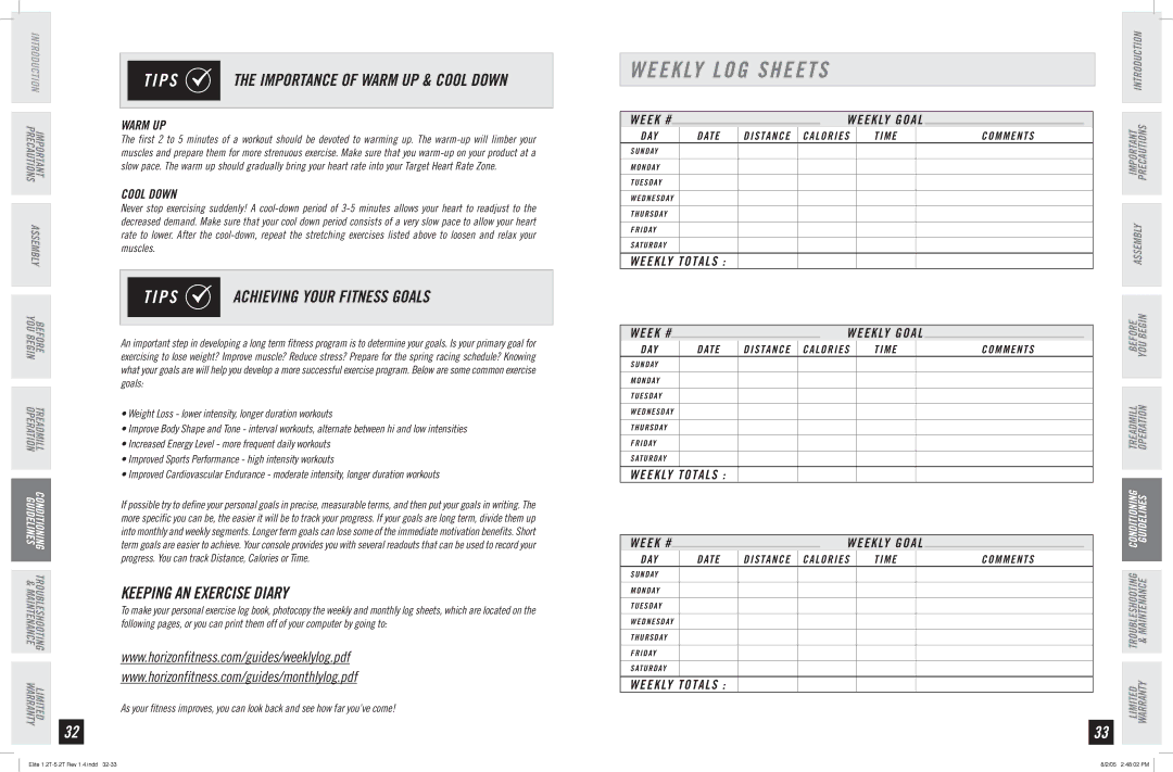 Horizon Fitness 3.2T, 5.2T Weekly LOG Sheets, P S the Importance of Warm UP & Cool Down, P S Achieving Your Fitness Goals 