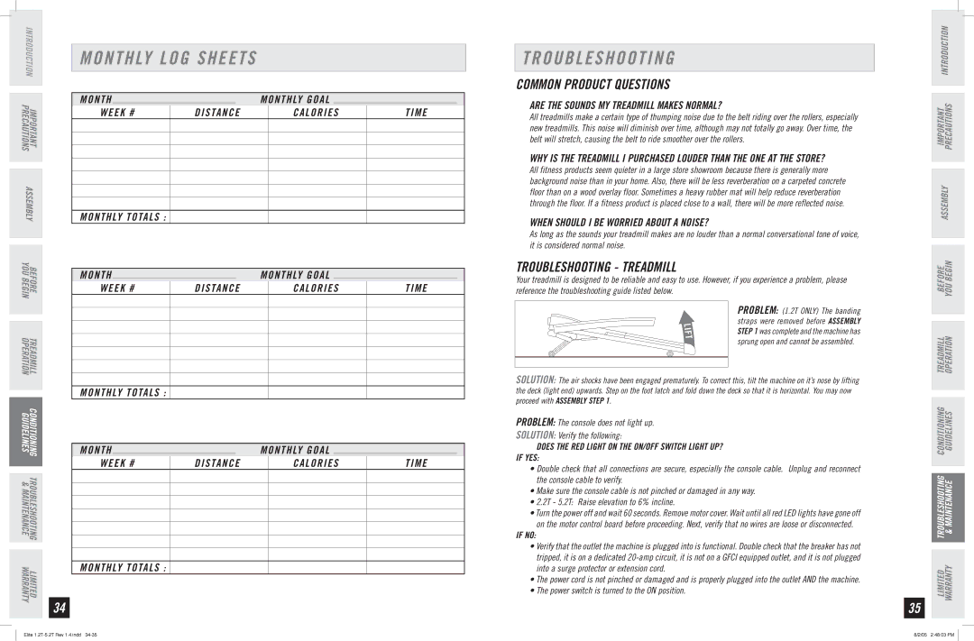 Horizon Fitness 4.2T, 5.2T, 2.2T, 3.2T, 1.2T manual Monthly LOG Sheets, Common Product Questions, Troubleshooting Treadmill 