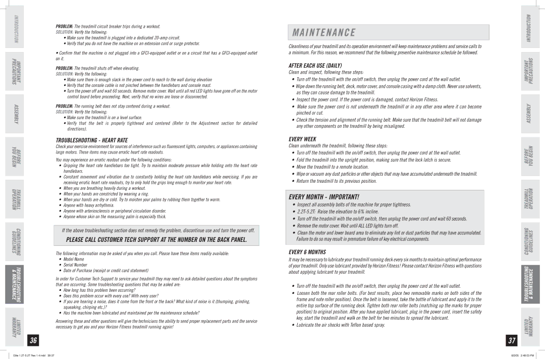 Horizon Fitness 1.2T, 5.2T I N T E N a N C E, Troubleshooting Heart Rate, After Each USE Daily, Every Week, Every 6 Months 