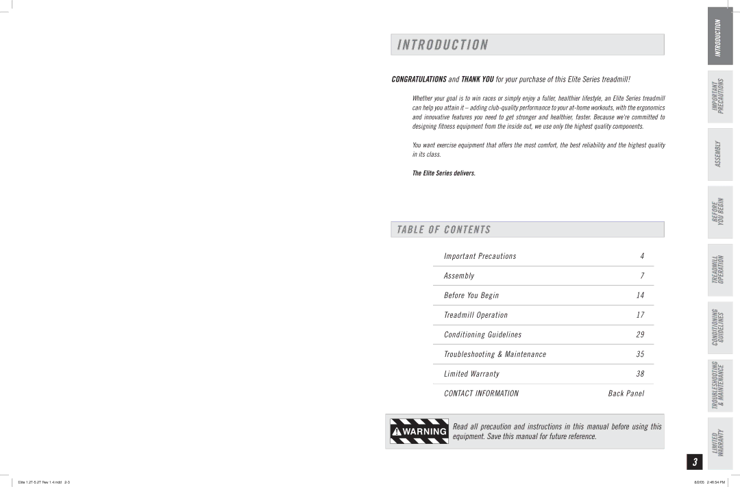 Horizon Fitness 3.2T, 5.2T, 2.2T, 4.2T, 1.2T manual T R O D U C T I O N, Table of Contents 