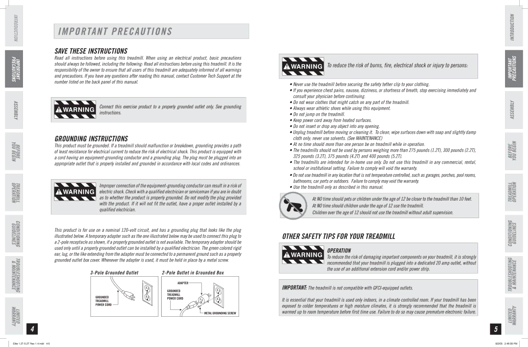 Horizon Fitness 4.2T, 5.2T Important Precautions, Grounding Instructions, Other Safety Tips for Your Treadmill, Operation 