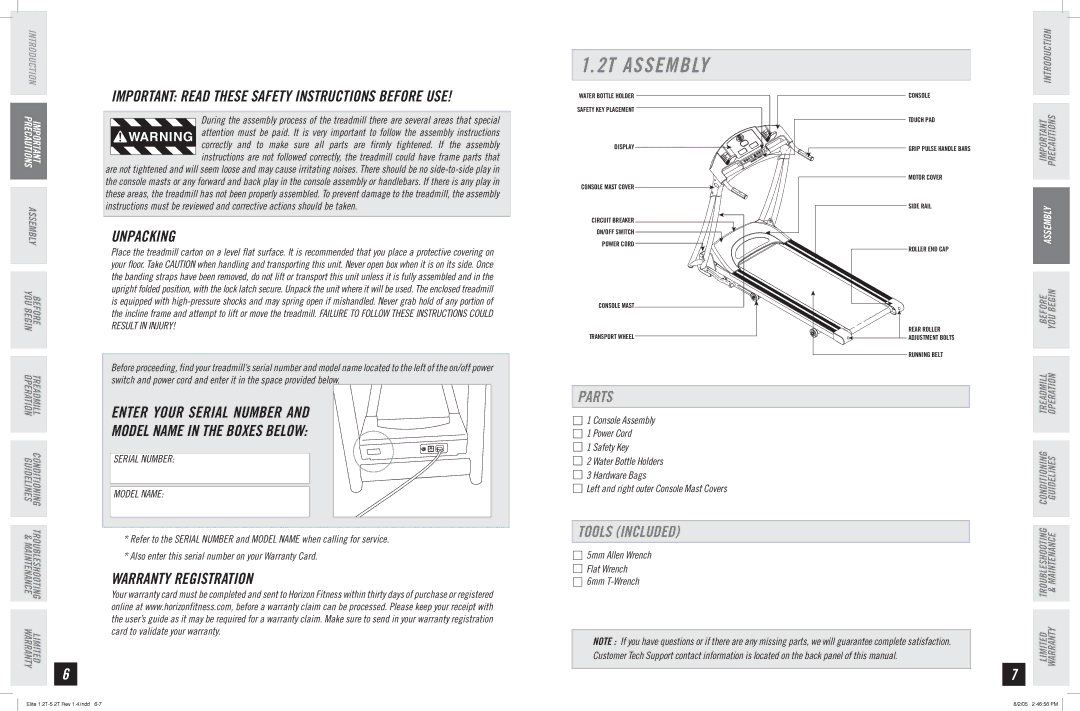 Horizon Fitness 1.2T, 5.2T, 2.2T Unpacking, Enter Your Serial Number Model Name in the Boxes below, Warranty Registration 