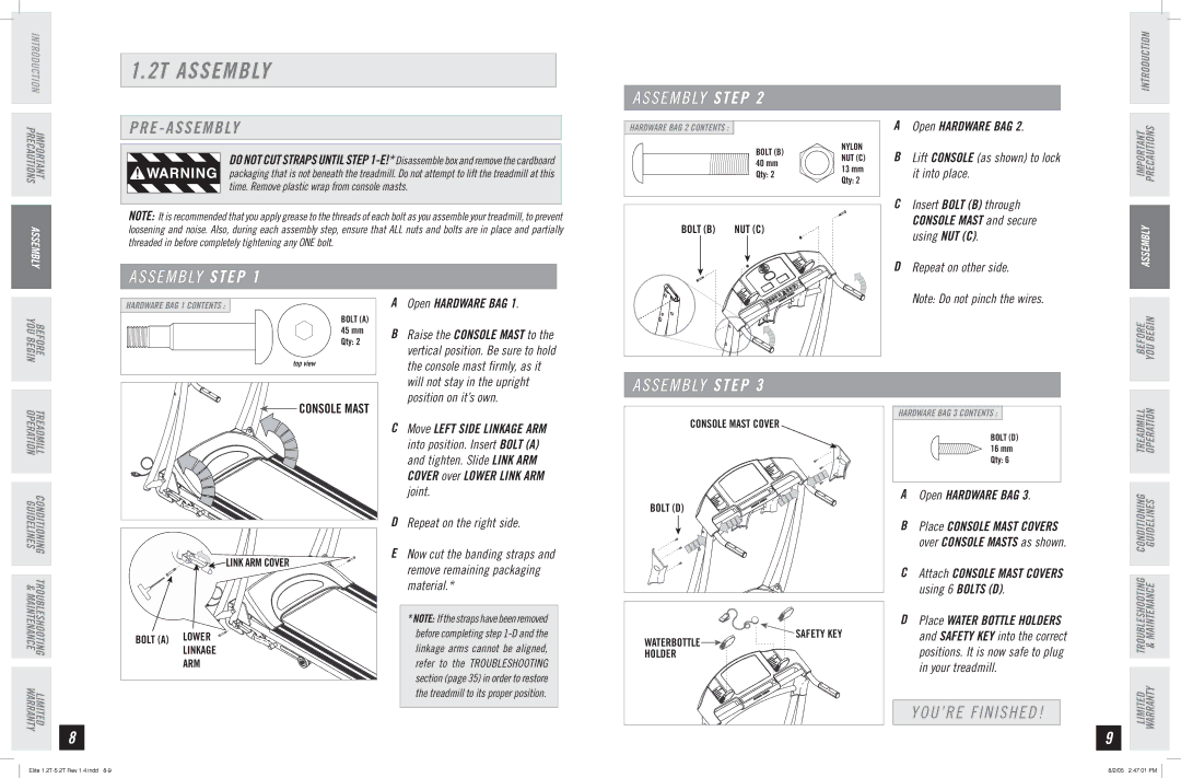 Horizon Fitness 5.2T, 2.2T, 3.2T, 4.2T, 1.2T manual 2T Assembly, S E M B LY Step, PRE Assembly, YOU’RE Finished 