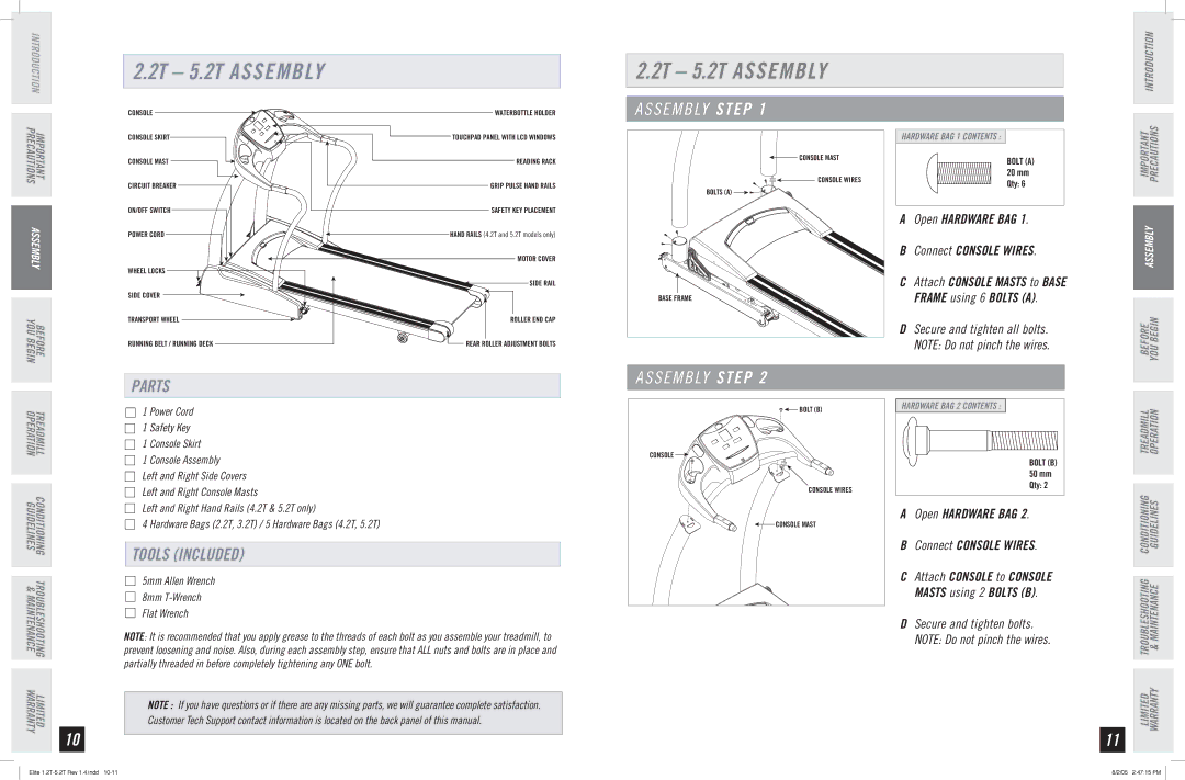 Horizon Fitness 2.2T, 3.2T, 4.2T, 1.2T manual 2T 5.2T Assembly, Open Hardware BAG Connect Console Wires 