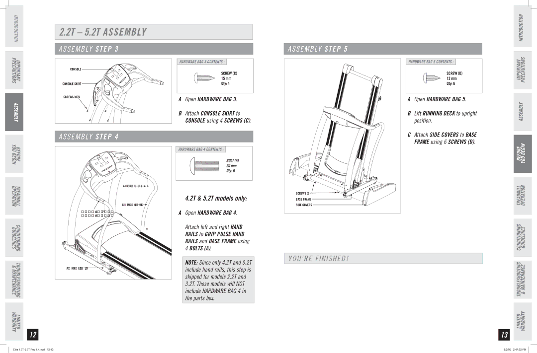 Horizon Fitness 3.2T, 5.2T, 2.2T, 4.2T, 1.2T manual Open Hardware BAG Lift Running Deck to upright position, YOU Begin 