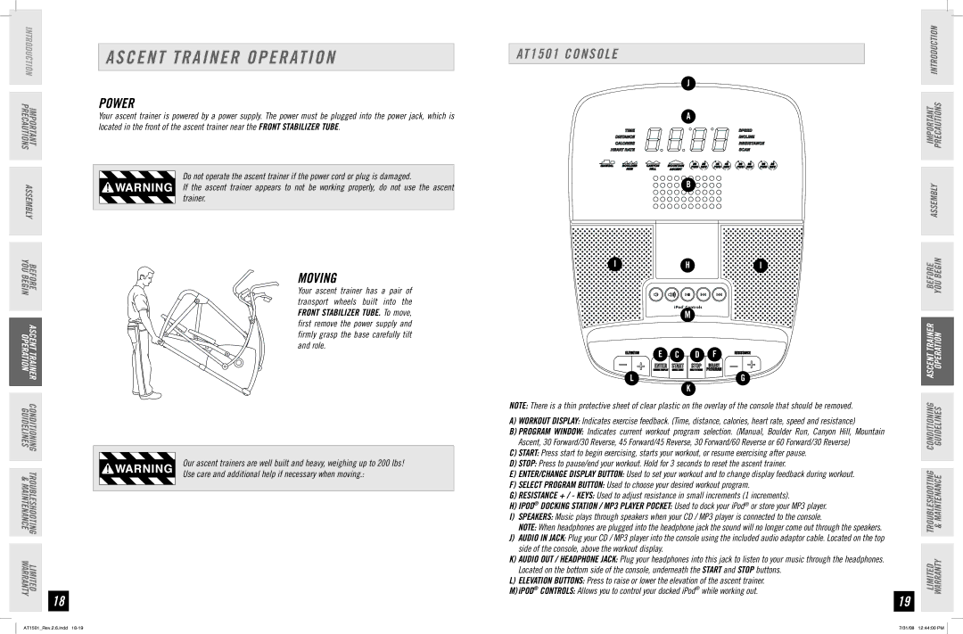 Horizon Fitness manual Ascent Trainer Operation, Power, Moving, AT1501 Console 