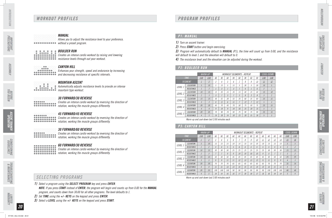 Horizon Fitness AT1501 manual Workout Profiles, Selecting Programs, Program Profiles 