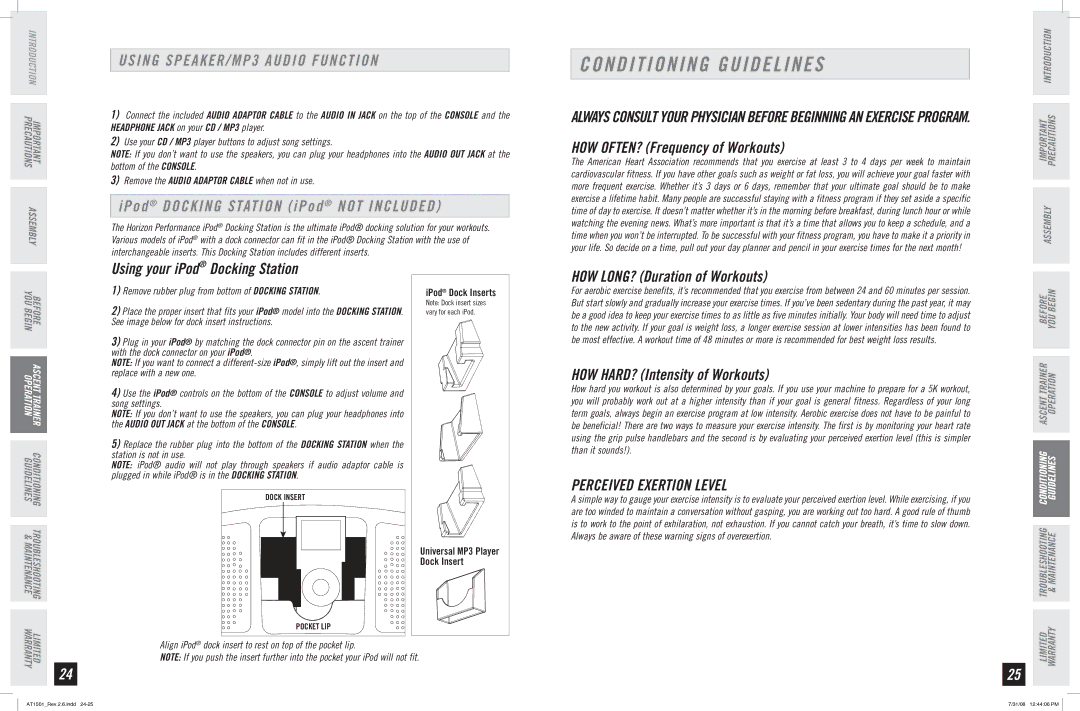 Horizon Fitness AT1501 manual Conditioning Guidelines, Using SPEAKER/MP3 Audio Function, Perceived Exertion Level 