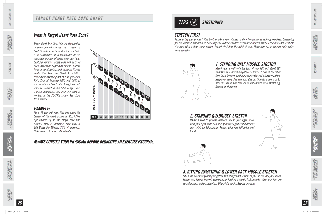 Horizon Fitness AT1501 manual Target Heart Rate Zone Chart, Stretching 