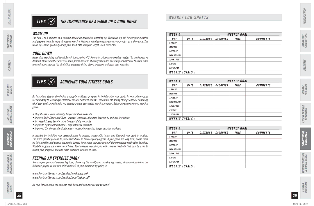 Horizon Fitness AT1501 Warm UP, Cool Down, Achieving Your Fitness Goals, Keeping AN Exercise Diary, Weekly LOG Sheets 