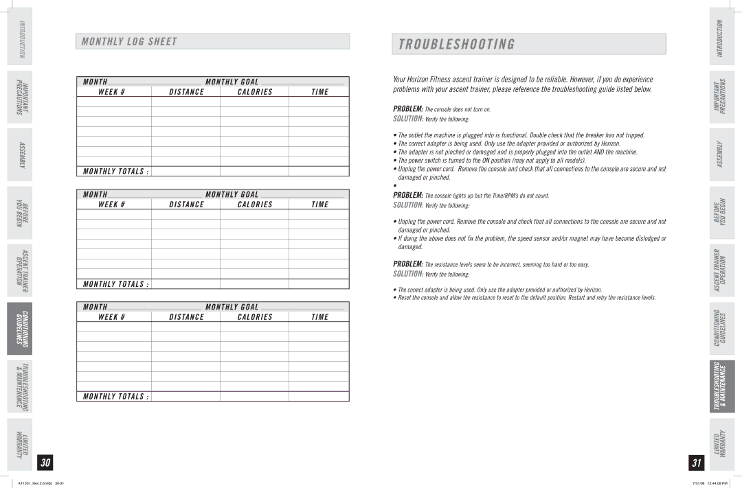 Horizon Fitness AT1501 manual Troubleshooting, Monthly LOG Sheet, Week #, Calories Time 