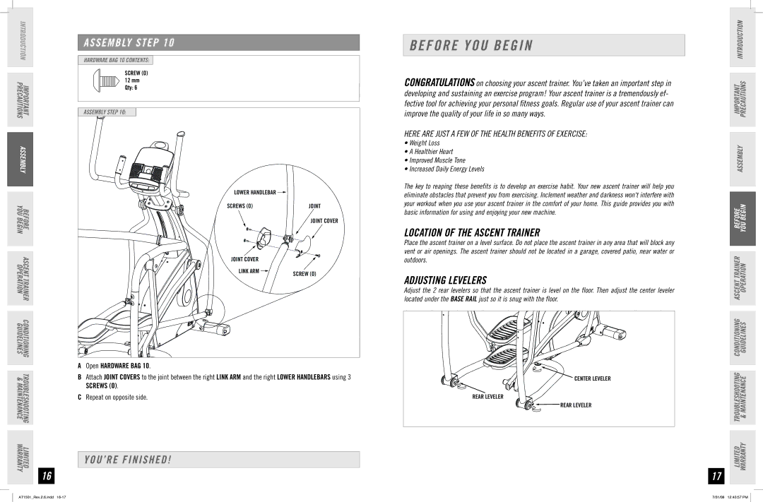 Horizon Fitness AT1501 manual Before YOU Begin, YOU’RE Finished, Location of the Ascent Trainer, Adjusting Levelers 