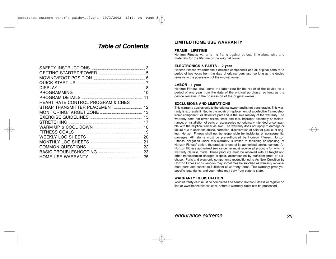 Horizon Fitness Avalon Series manual Table of Contents 