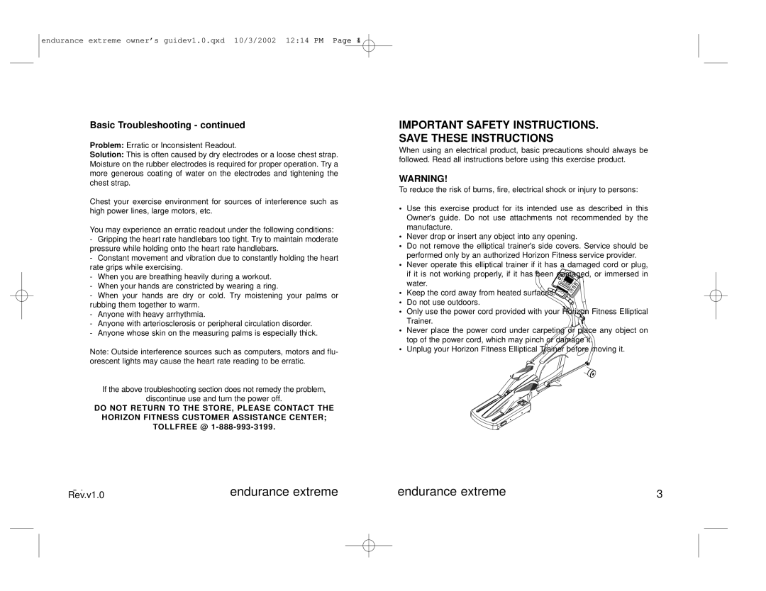 Horizon Fitness Avalon Series manual Important Safety INSTRUCTIONS. Save These Instructions, Basic Troubleshooting 