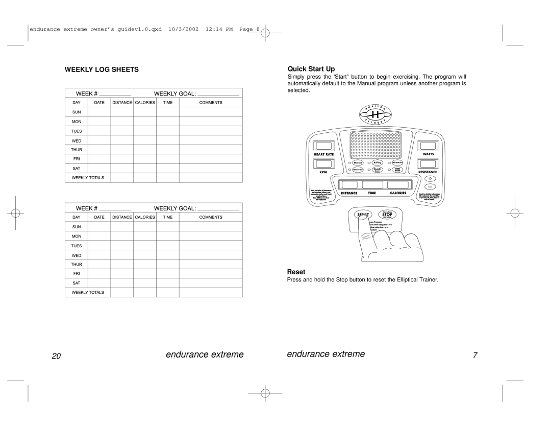 Horizon Fitness Avalon Series manual Weekly LOG Sheets, Quick Start Up, Reset 