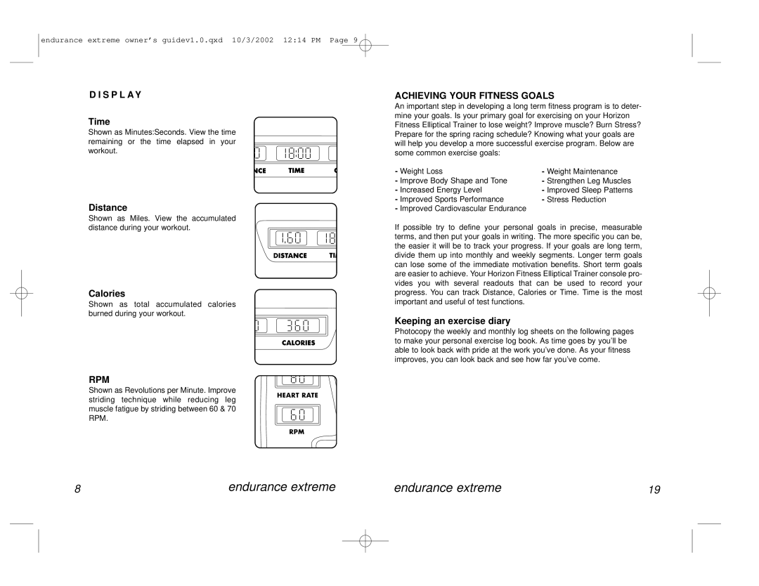 Horizon Fitness Avalon Series manual S P L a Y, Rpm, Achieving Your Fitness Goals 