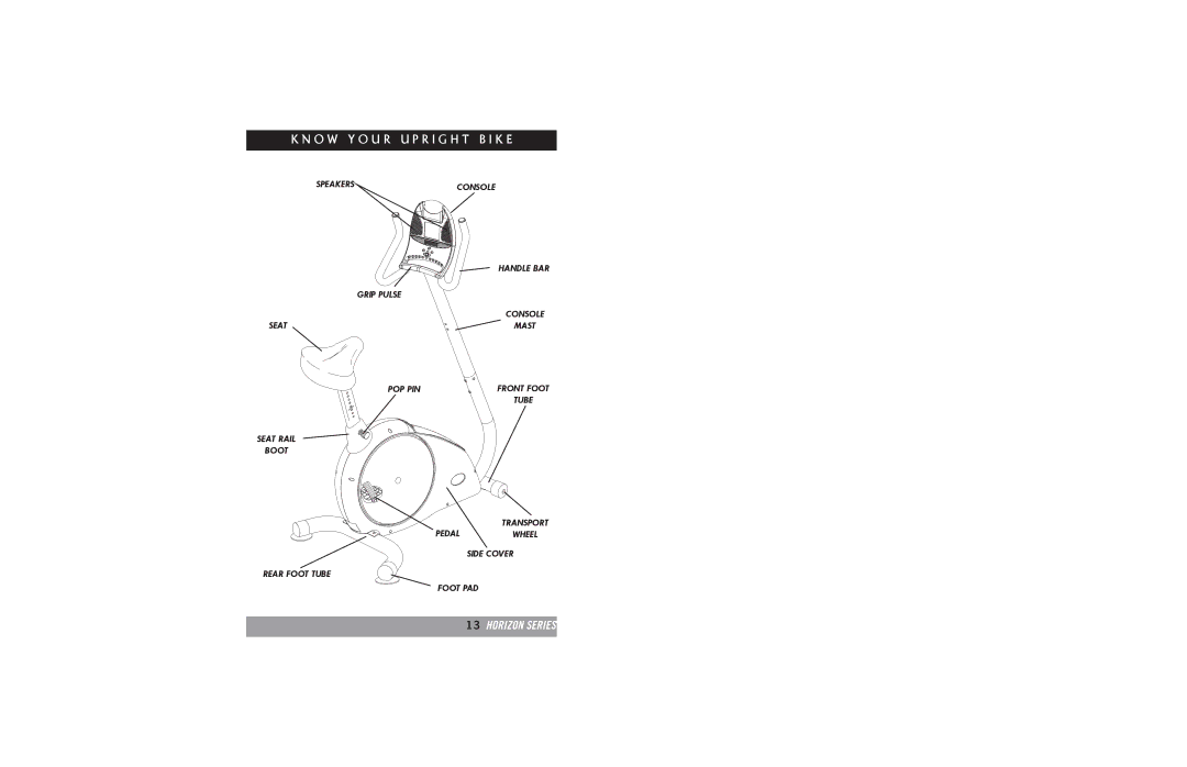 Horizon Fitness B20, B30 manual Speakersconsole Handle BAR Grip Pulse, Seat Mast POP PIN 