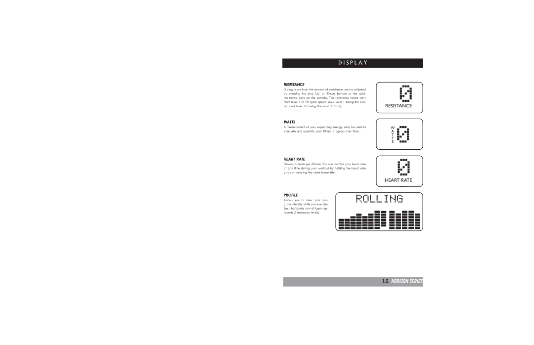 Horizon Fitness B30, B20 manual Resistance, Watts, Heart Rate, Profile 