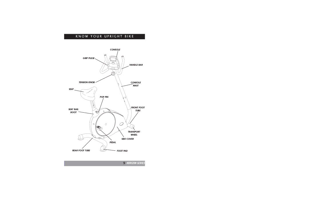 Horizon Fitness B20, B30 manual O W Y O U R U P R I G H T B I K E, Console Grip Pulse Handle BAR Tension Knob, Mast 