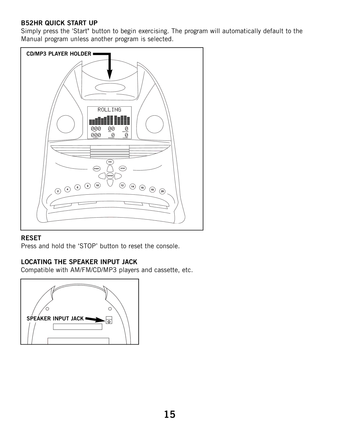 Horizon Fitness B51 manual B52HR Quick Start UP, Locating the Speaker Input Jack 