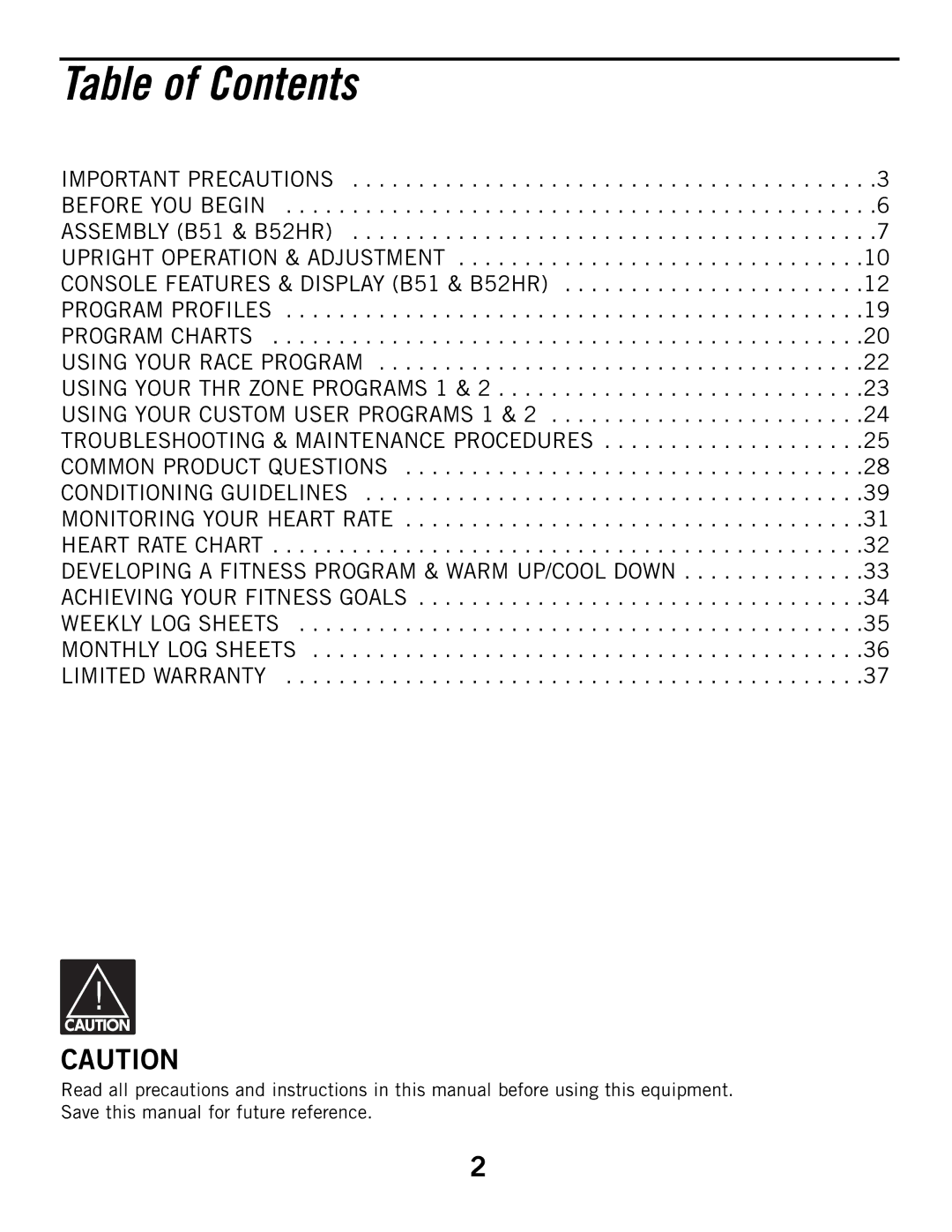 Horizon Fitness B52HR, B51 manual Table of Contents 