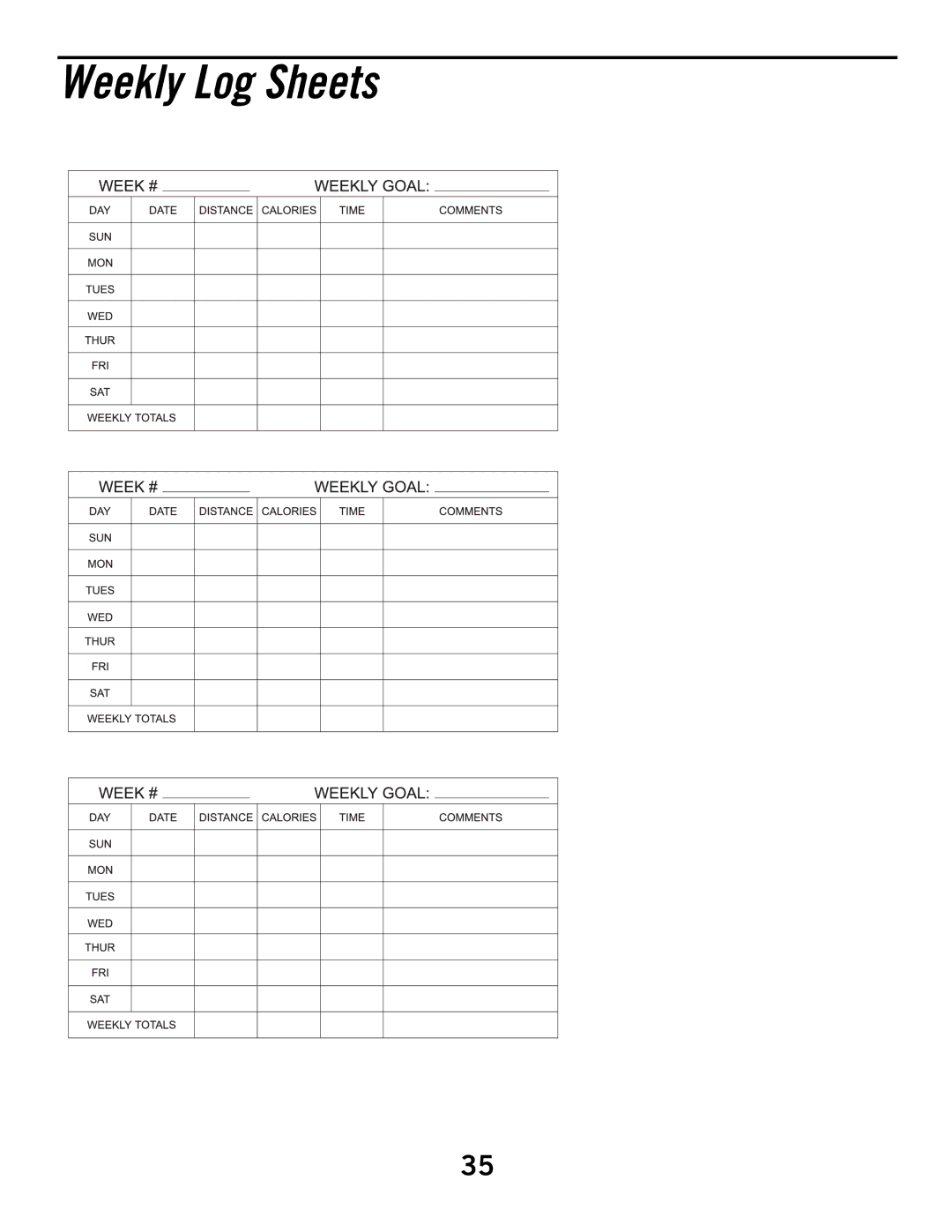 Horizon Fitness B51, B52HR manual Weekly Log Sheets 