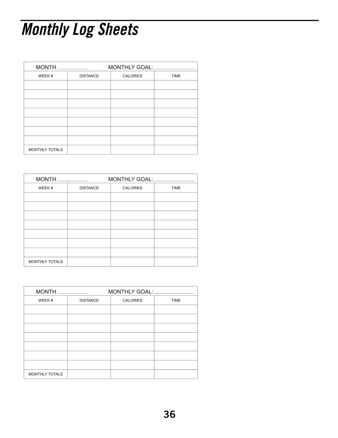 Horizon Fitness B52HR, B51 manual Monthly Log Sheets 